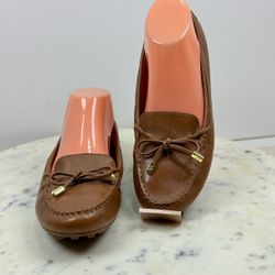 Michael Kors Fulton Moc Luggage Brown Leather Loafers Gold Hardware Size 7.5M