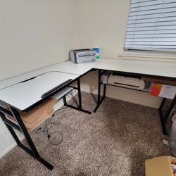 White L shaped corner desk with laptop holder and shelf