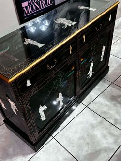 Vintage Oriental Black Lacquer Buffet Inlaid with Mother of Pearl With Glass Top-48”Lx17”Wx32”H