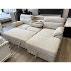  94"W Beige Chenille Fabric Sleeper Sectional Sofa with Right-Facing Chaise, Cupholders, USB Charging port