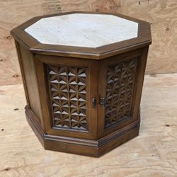 Vintage Octagon Stone Top End Table Cabinet – Mid Century Carved Wood Accent Table
