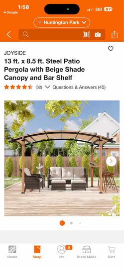 JOYSIDE 13 ft. x 8.5 ft. Steel Patio Pergola with Beige Shade Canopy and Bar Shelf