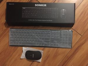 Photo Wireless Keyboard and Mouse, Sonkir K-18 2.4GHz Ultra Thin Rechargeable Full Size Keyboard Mouse Set with Additional Keyboard Cover Film for Windows,
