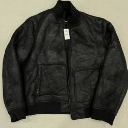 Black Faux Leather Sherpa Lined Bomber Jacket Size  L