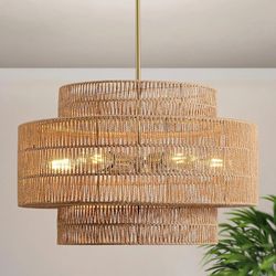 
24” Boho Large Rattan Chandelier Light Fixture,6-Light Large Hand Woven Pendant Light Fixture Farmhouse Rustic Chandeliers for Kitchen Bedroom, 
