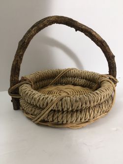 Hand Woven Basket With Wooden  Handle 9” D 9”   2” Bowl H High Sturdy  Like New 