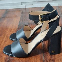 Coach Black Leather Ankle Strap Block Heel Sandals Size 10 Gold Buckle