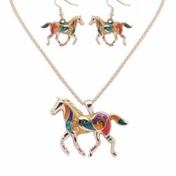 Women Gift Pendant Gold Plated Enamel Horse Running Set