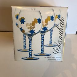 Hand painted Hanukkah wine, goblets, set of 4