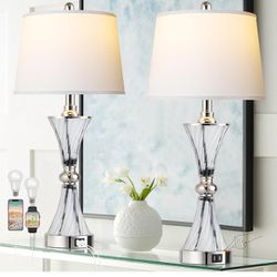 3-Way Dimmable Touch Coastal Glass Bedside Table Lamps for Bedroom Set of 2 with 2 USB ports,Modern Grey White Living Room Lamps for End Table,Nightst