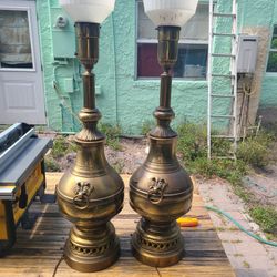 Brass Pair Large Lamps Antique 