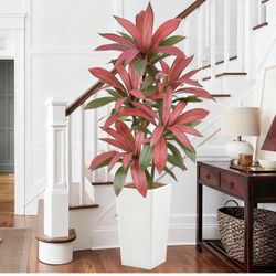 Artificial Red Dracaena Tree 5FT with 90 Leaves & 6 Heads & White Tall Planter Large Fake Faux Tropical Silk Yucca Plant 60 Inch Glossy Thick Bicolor 