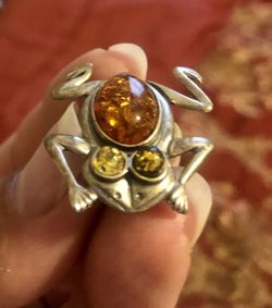 Sterling silver Frog brooch with amber and citrine