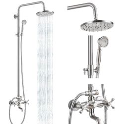 gotonovo Exposed Shower Faucet Set 8 Inch Rainfall Showerhead 3-Function Shower Fixture with Tub Spout 2 Corss Handles Shower System, Brushed Nickel