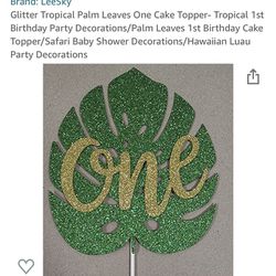 Glitter Tropical Palm Leaves One Cake Topper- Tropical 1st Birthday Party Decorations/Palm Leaves 1st Birthday Cake Topper/Safari Baby Shower Decorati