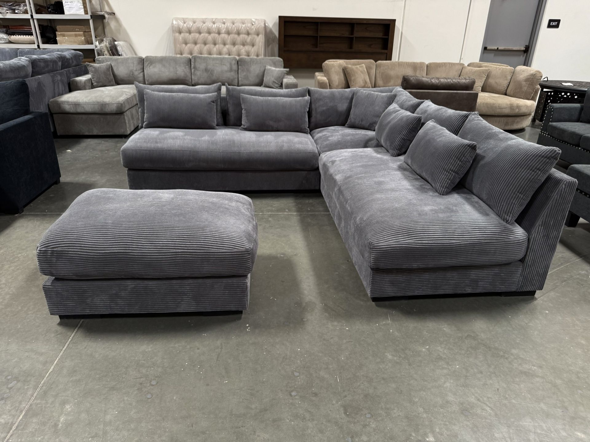 New! Deep Seating Couch, Dark Grey Sectional, Plush Sectional, Sectionals, Sofa, Couch, Sectional Sofa, Corduroy Sectional, Gray Couch, Grey Sofa. Dim