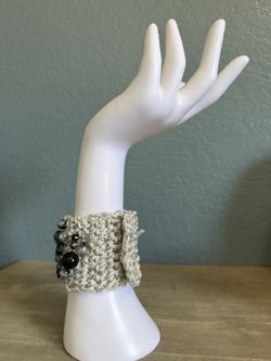 Wristband,crochet ,black , Greybeads.