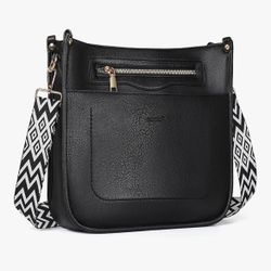 7-Pocket Black Vegan Leather Crossbody Bag with Guitar Strap, NEW