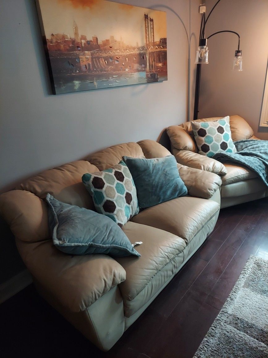 Cream Leather, Sofa And Chair