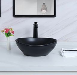 15.7" X 13" Matte Black Oval Vessel Sink With Pop Up Drain,Bathroom Sinks Above Counter,Bathroom Vessel Sinks,Ceramic Vessel Sinks,Matte Black Vessel 
