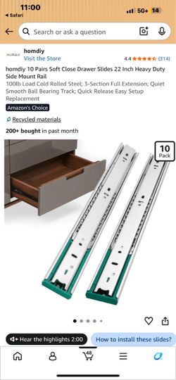 homdiy 10 Pairs Soft Close Drawer Slides 22 Inch Heavy Duty Side Mount Rail 100lb Load Cold Rolled Steel; 3-Section Full Extension; Quiet Smooth Ball