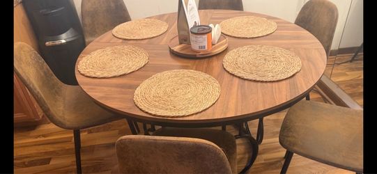 Table and 6 Faux Leather Suede Chairs