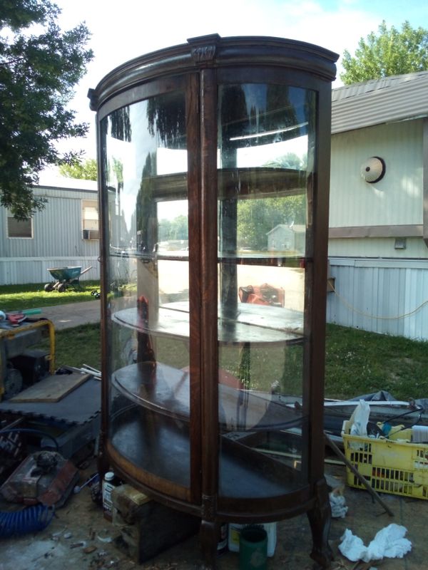 Antique curio cabinet with 4shelves and 3 curved glass ...
