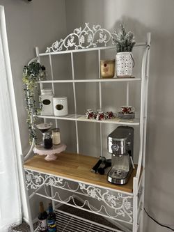 ✨ Vintage Farmhouse Inspired White And Oak Baker’s Rack / Coffee Bar / Display Shelf