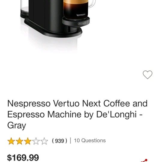 🌎 Whs B2 $95 Nespresso Vertuo Next Coffee and Expresso Machine by De' Longhi Gray