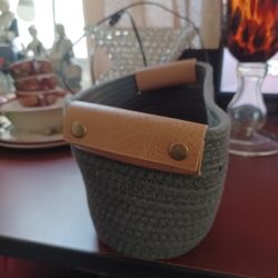 Small Cotton Woven Basket with PU Leather Handle