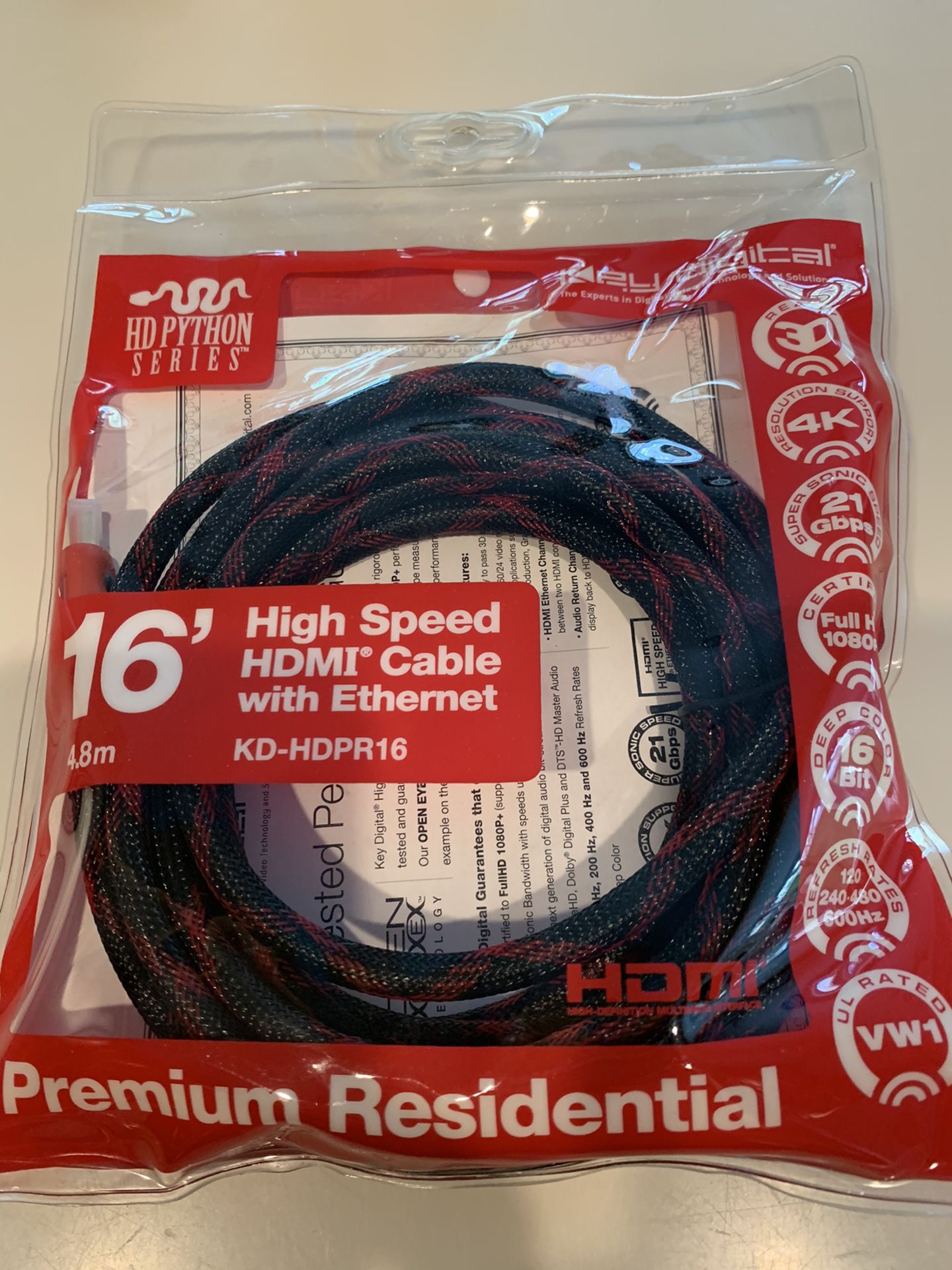 Key Digital Python Series 16ft High Speed HDMI Cable with Ethernet KD-HDPR16