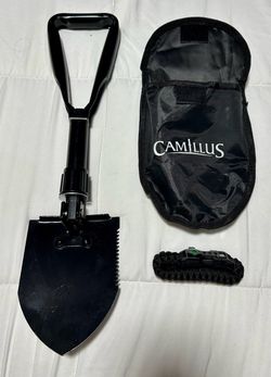 Camillus Folding Shovel Black Saw Edge w/ Carry Pouch, Paracord Bracelet Compass