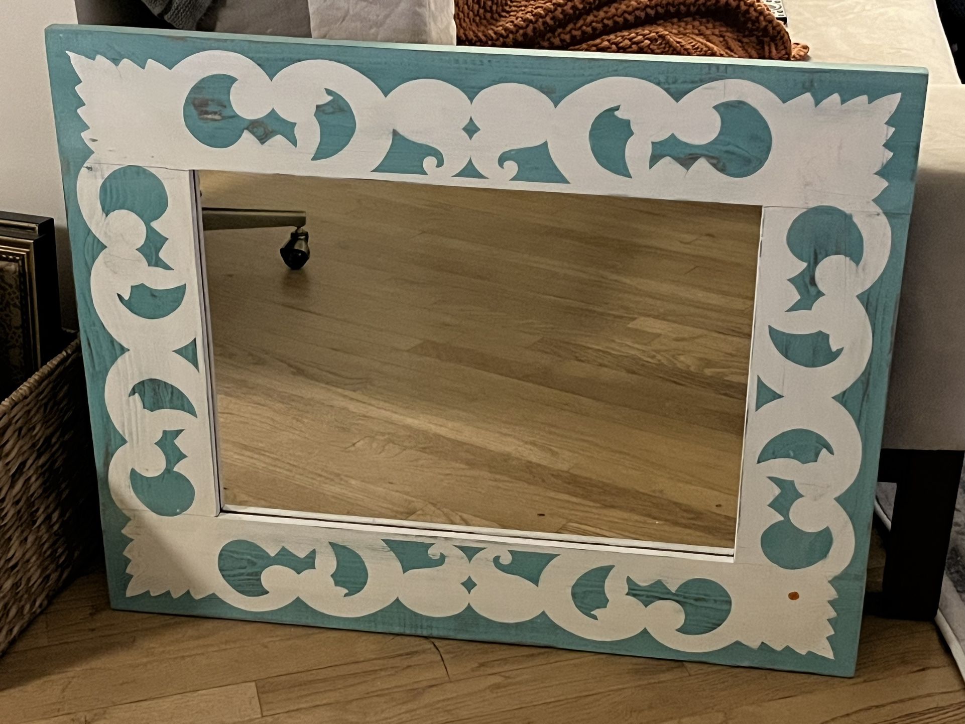 Rustic Turquoise & White Stenciled Mirror