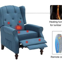 Recliner Wing Back Chair Tufted Armchair Recliner Massage Recliner Fabric Push Back Recliner with Remote Control, Heating, Adjustable Backrest, Blue