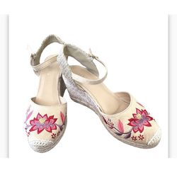 Shein Tan Espadrille Embroidered Floral Wedge Sandal