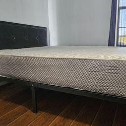 Black Metal and Faux Leather Queen Size Bed And Mattress