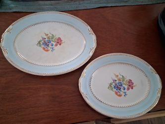 vintage Homer Laughlin serving platters in the Eggshell Georgian Chateau Blue pattern. 