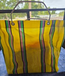 Vintage Yellow Striped market Bag with Metal Handles