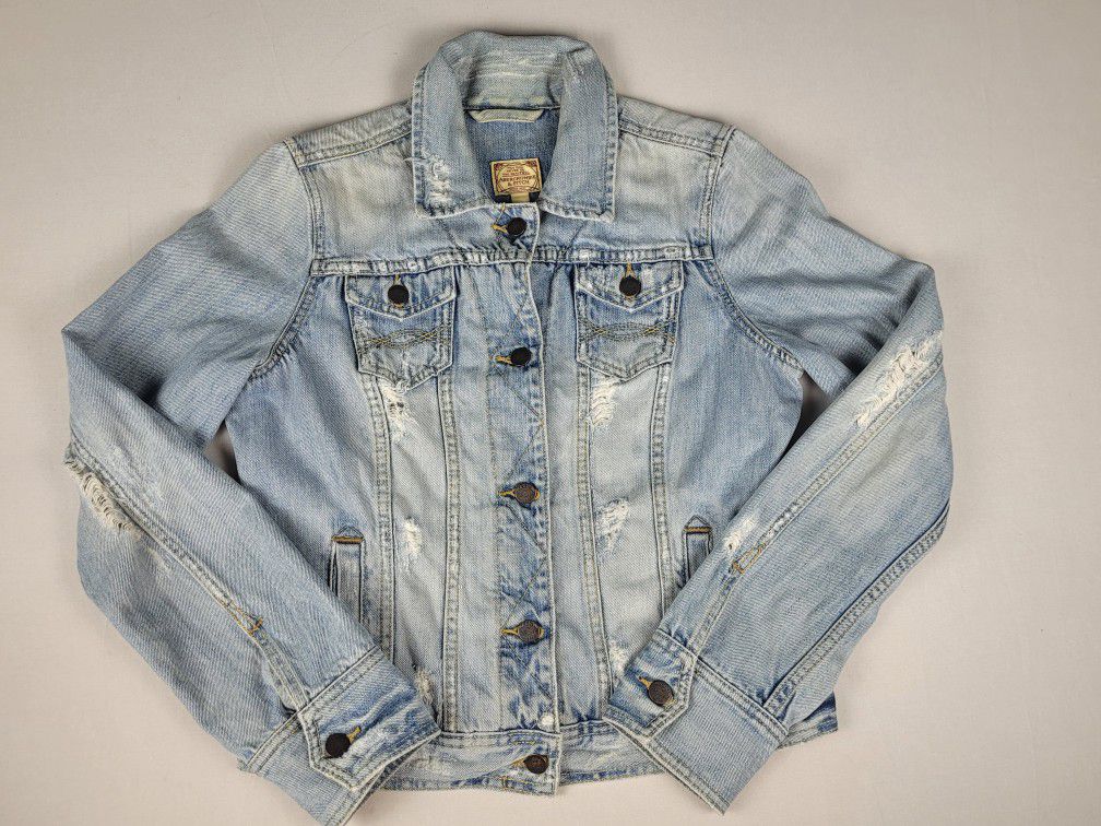 Abercrombie & Fitch Vintage Denim Jean Jacket Distressed Cropped Waist Women's L