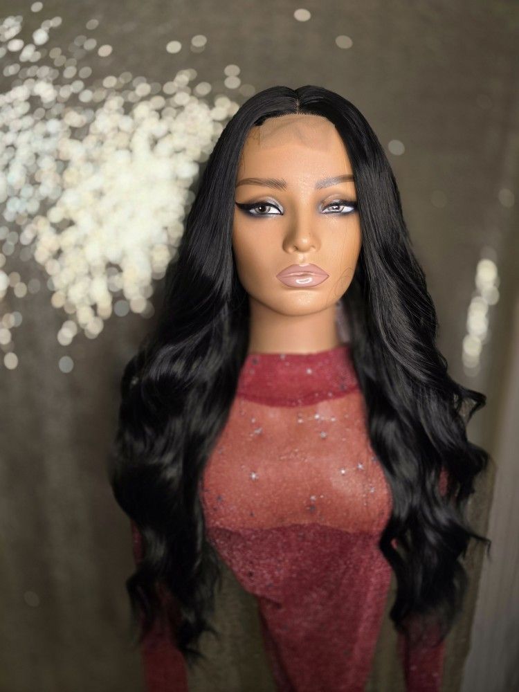 Black Synthetic Hair Wig 26" Middle Lace Black Wavy