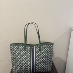 Tory Burch Geometric Coated Canvas Green,White and dark blue Tote