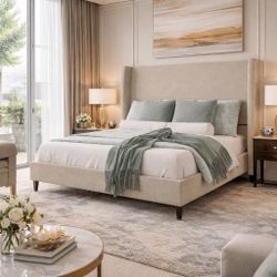 King Bed Frame, 54" Tall Headboard Upholstered Platform BedFrame with Wingback, Elegant Simplicity, No Box Spring Needed, Solid Oak Wood Feet, Cr