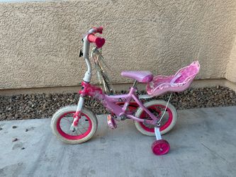 PINK PRINCESS GIRLS BIKE – 12” WITH TRAINING WHEELS & DOLL SEAT