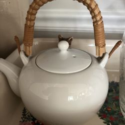 Tea Kettle Ceramic White With Rattan Handle 
