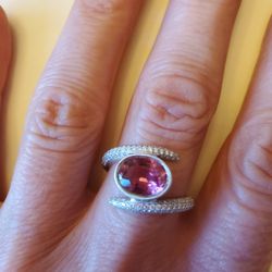 Pink Tourmaline and Diamond Pave and Bezel Set Ring