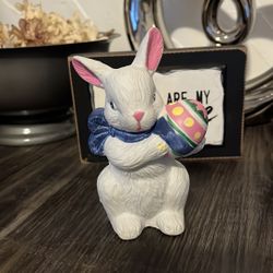 Porcelain Bunny With Blue Bow Holding Easter Egg