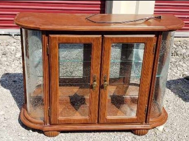 Wood Curved Glass Display Cabinet Side Stand - Lighted