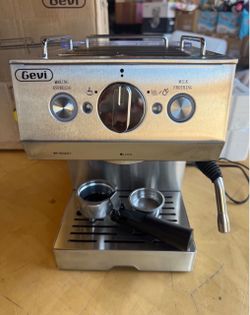 Gevi 15-Bar Stainless Steel Espresso Machine (Model GECMEOO3D-U) used for brewing espresso and frothing milk at home.