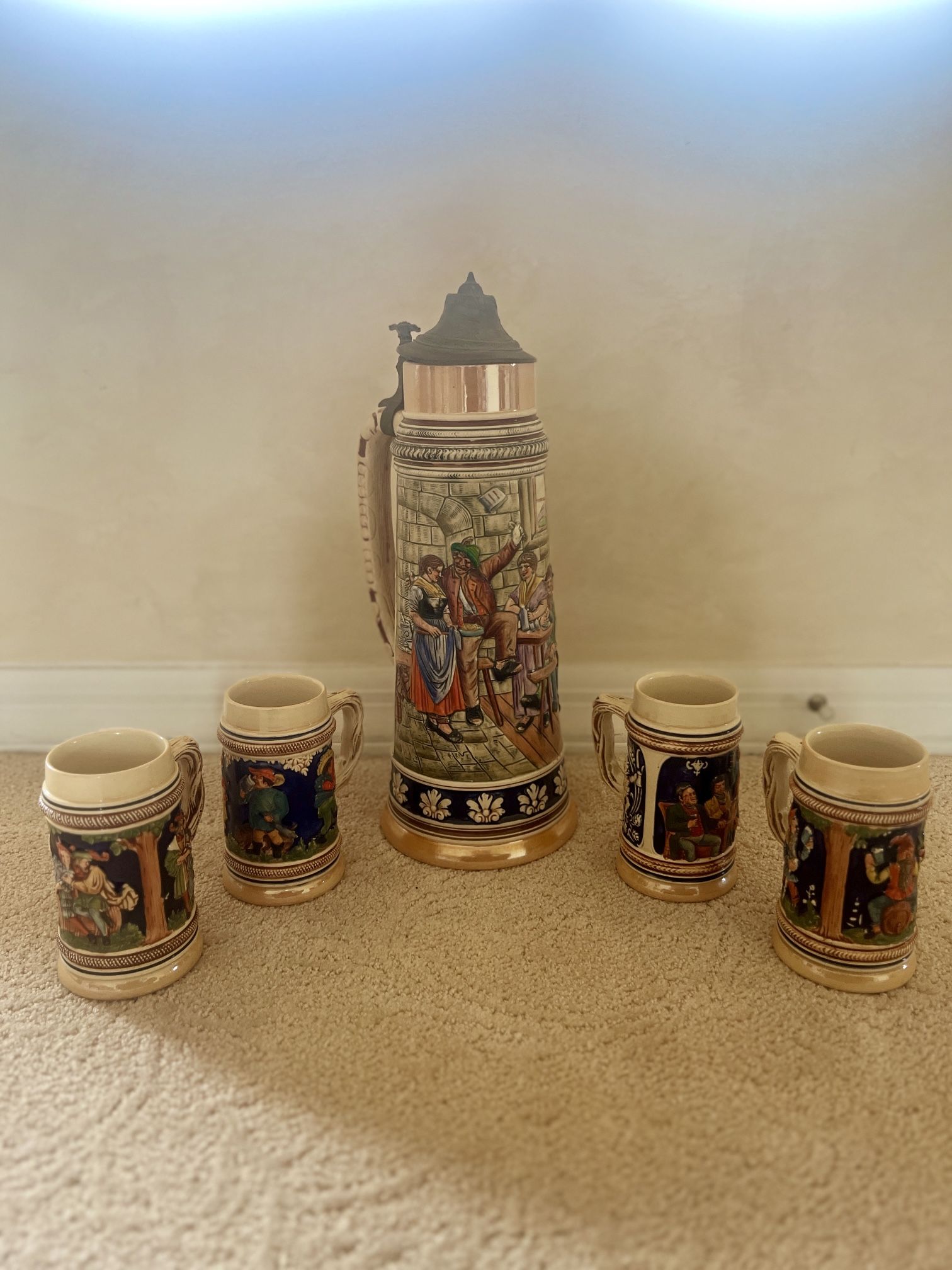 Vintage German Beer Stein Set – Made by Gerz (2 L + 4 × ¼ L)