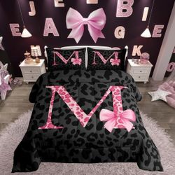 jejeloiu Initial Letter M Bedding Set Soft for Kids Girls